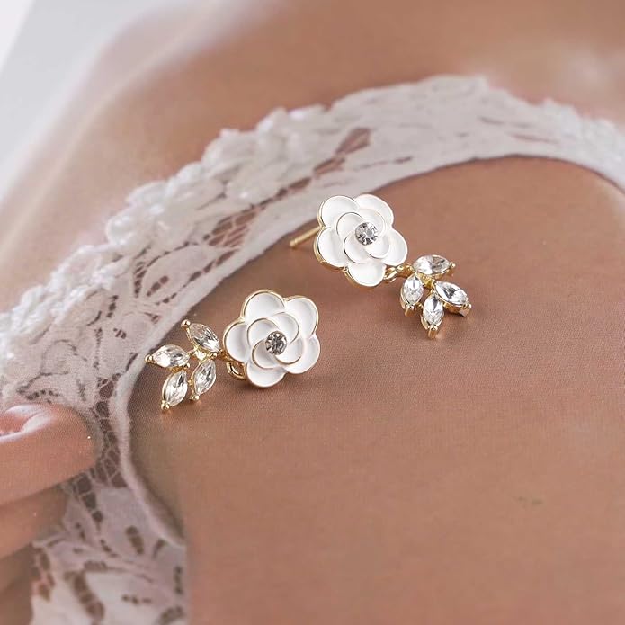 Vintage Crystal Flower Earrings Rhinestone Leaf
