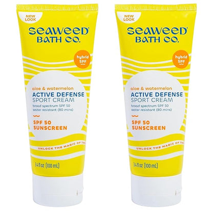 Seaweed Bath Co. Active Defense SPF 50 Sport Broad Spectrum Hybrid Sunscreen Cream, 3.4 Ounce (Pack of 2), Sustainably Harvested Seaweed, Aloe, Watermelon