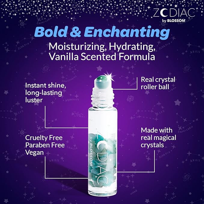 Blossom Zodiac Sign Vanilla Scented Moisturizing Roll-On Lip Gloss with Crystals, Made in USA, 0.20 fl. oz./5.9ml, Pisces