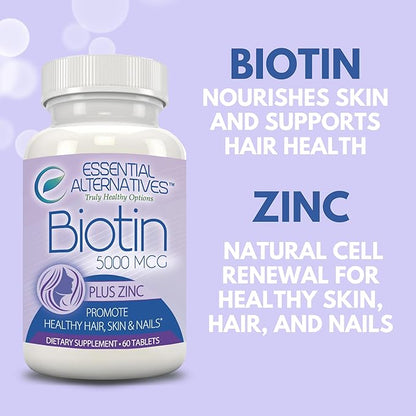 Biotin 5000mcg + Zinc 60 Tablets, Hair, Skin, and Nail Support