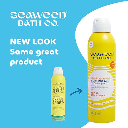 Seaweed Bath Co. Cooling Mist SPF 60 Sport Broad Spectrum Hybrid Sunscreen Spray, 6 Ounce, Sustainably Harvested Seaweed, Aloe, Peppermint