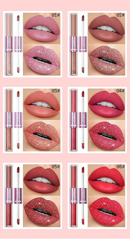 Double Head Lip Gloss Non Fading Lip Glaze Matte Mist Pearlescent Liquid Lipstick, 6-color suit