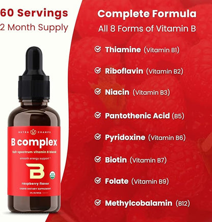 USDA Organic Vitamin B Complex Liquid Drops | B Vitamins Complex Supplement with B1, B2, B3, B6, B7, B9 & Methyl B12 Drops for Adults & Kids | Vegan Berry Flavor 2oz | 60 Servings / 2 Month Supply