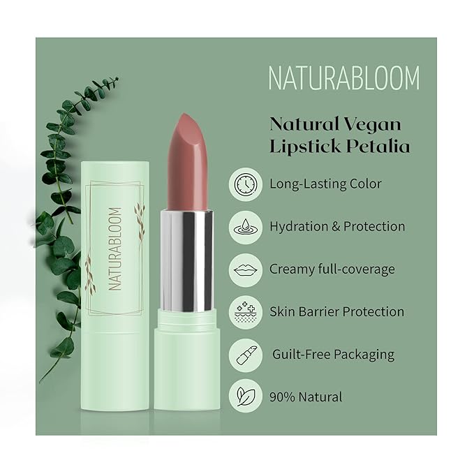 Vegan Lipstick (Petalia) - Sensational One-Stroke Long Lasting Lipstick from Natural Oils & Butters Full-Coverage Lip Color with Shea Butter & Coconut Extact - Premium Hydrating Lipsticks