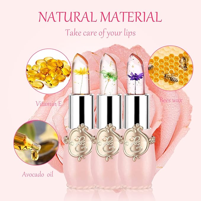 Pack of 3 Crystal Flower Lipstick Color Changing Lipstick Magic Lipstick Jelly Clear Lipstick,Long Lasting Nutritious Moisturizer Temperature Lip Stain Lip Gloss