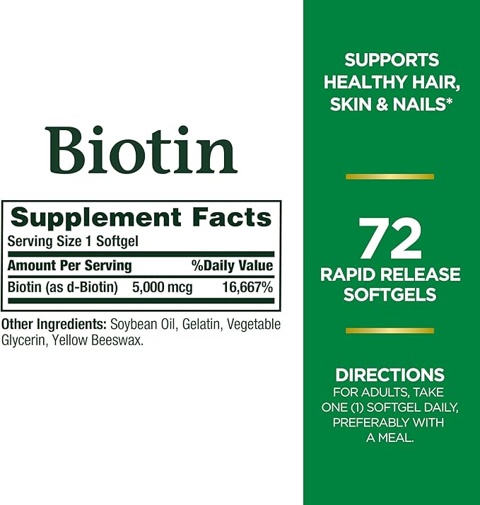 Nature's Bounty Biotin, Vitamin Supplement, Supports Metabolism for Energy and Healthy Hair, Skin, and Nails, 5000 mcg, 72 Softgels (Pack of 2)