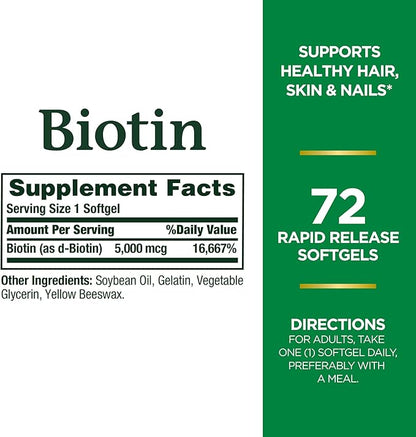 Nature's Bounty Biotin, Vitamin Supplement, Supports Metabolism for Energy and Healthy Hair, Skin, and Nails, 5000 mcg, 72 Softgels (Pack of 2)