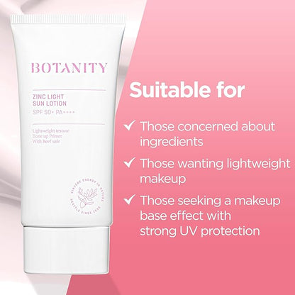 Zinc Sun Lotion - UV Protection, SPF 50+ PA ++++, Even skin tone, Lightweight & Hydrating formula, Non-Greasy, Korean Skincare, All Skin Types, 1.7 fl oz (50ml)
