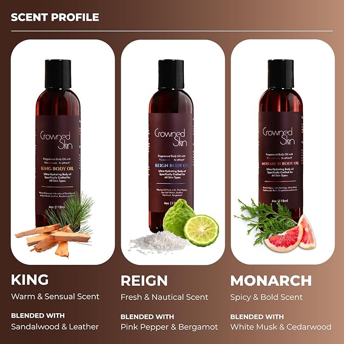 King, Reign, and Monarch Cologned Body Oil Bundle | Sensual, Nautical, & Spicy Scents | Infused with Organic Shea & Mango Butters | Moisturizing Formula with All-Day Fragrance