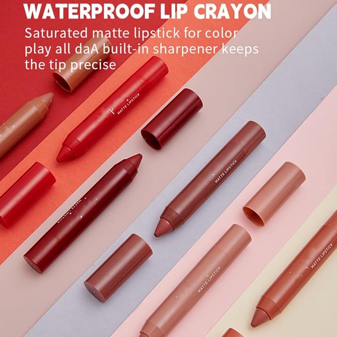 MAEPEOR Matte Lip Crayon Set 6PCS Smooth Velvety Lip Liner Pencils Set Waterproof Long Wear Lipstick Crayon Pen Kit (Set 01)