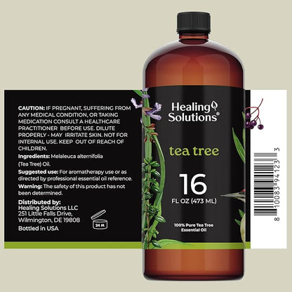 Healing Solutions Tea Tree Essential Oil Bulk, 16oz - 100% Pure Large Bottle of Tea Tree Oil for Shampoo, Hair, Soap, Spray, Skin - Large Tea Tree Oil - Big Bottle of Tea Tree Oil - Tea Tree Lotion