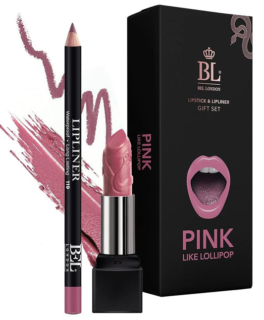BL Color Matched Lip Liner & Lipstick Set (Pink) - Full-Coverage Argan Long Lasting Lipstick and Lip Liner Set With Natural Oils for Nourishment, Hydration, & Protection - Chemical-Free