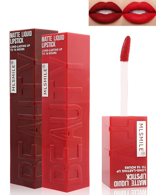 Matte Liquid Lipstick Lipgloss Set for Women-2Pcs Long Lasting Lip Gloss Waterproof Lip Stain Tint, Highly Pigmented Red Velvet Lipstick, Up to 16H Wear Non-Stick Cup,Christmas Lip Makeup Gift-05+06