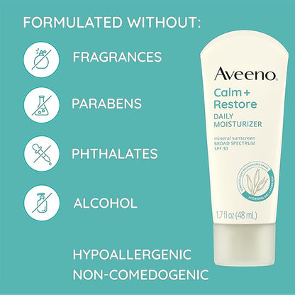 Aveeno Calm + Restore Daily Moisturizer Mineral Sunscreen with Broad Spectrum SPF 30, Lightweight All Day Moisture + UVA/UVB Sun Protection for Sensitive Skin, Fragrance Free, 1.7 fl. Oz