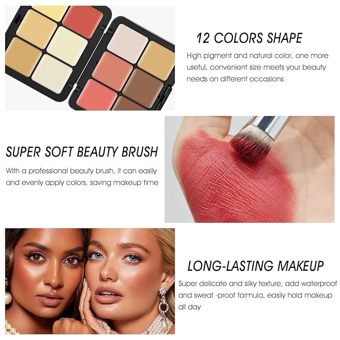 12 Colors Cream [Blush+Contour+Concealer+Highlighter] Makeup Palette for Cheeks
