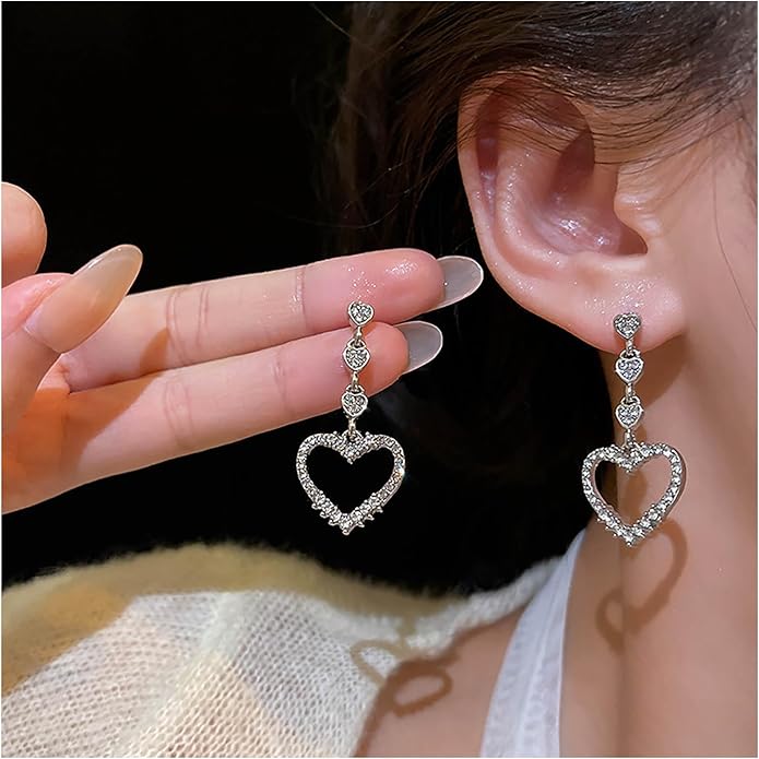 Vintage Rhinestone Heart Dangle Earrings Long