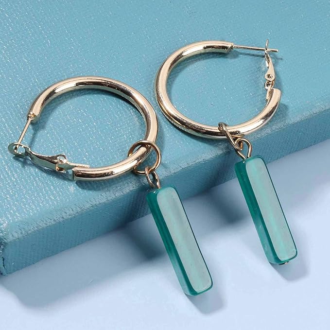 Boho Rectangle Green Jade Earrings Green Marbled Earrings