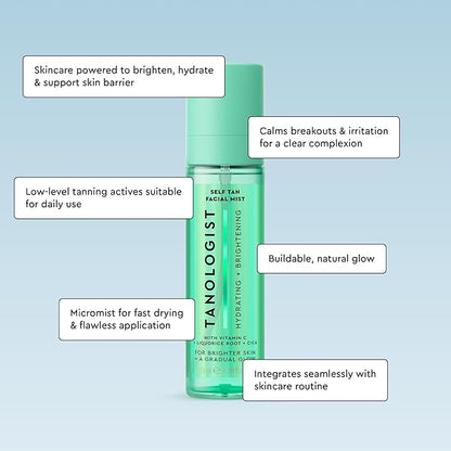 Tanologist Self Tan Hydrating & Brightening Face Mist - 100ml Tanologist Self Tan Face Mist - Gradual Self Tanner for Face - Bronzing Mist