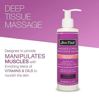 Bon Vital" Deep Tissue Massage Lotion for Deep Tissue Massages and Muscle Relaxation, Moisturizer Leaves No Greasy Feeling, Penetrates Deeply to Repair and Soften Skin, 8 Oz, Label may Vary