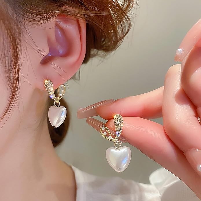 Vintage Pearl Heart Drop Earrings Rhinestone