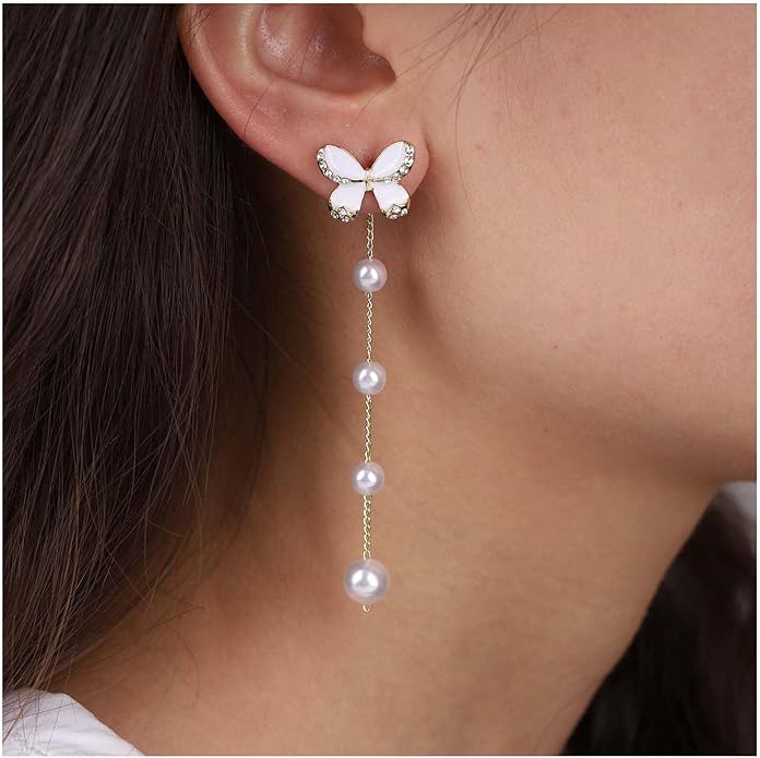 Vintage Butterfly Pearl Drop Earrings Gold Pearl Chain