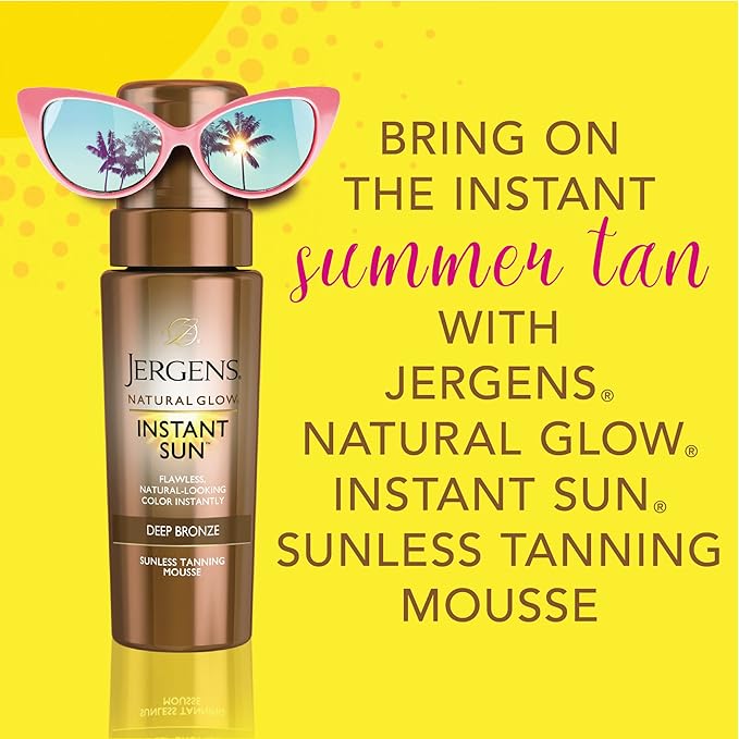 Jergens Natural Glow Instant Sun Body Mousse, Self Tanner for Deep Bronze Tan, Sunless Tanning Body Bronzer, Natural Looking Fake Tan, 6 Oz