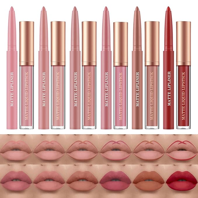 URQT 12pcs Nude Lip Liner and Lipstick Makeup Set, 6 Velvety Matte Liquid Lipsticks + 6 Matching Smooth Lip Liner One Step Lips Makeup Kits Waterproof Long Lasting Matte Lipstick Gift Set (SetC, 12)