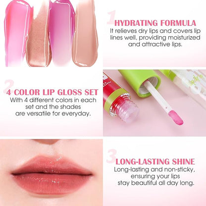 Boobeen 4PCS Lip Gloss Set, Moisturizing Hydrating Lip Oil Tinted Set, Lightweight Non-Sticky Lip Gloss Creates Glossy Lips, High Shine Lip Plumping Lipstick for Women and Girls