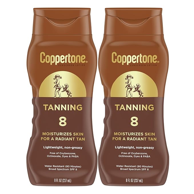 Coppertone Tanning Sunscreen Lotion, Water Resistant Body Sunscreen SPF 8, Broad Spectrum SPF 8 Sunscreen Pack, 8 Fl Oz Bottle, Pack of 2