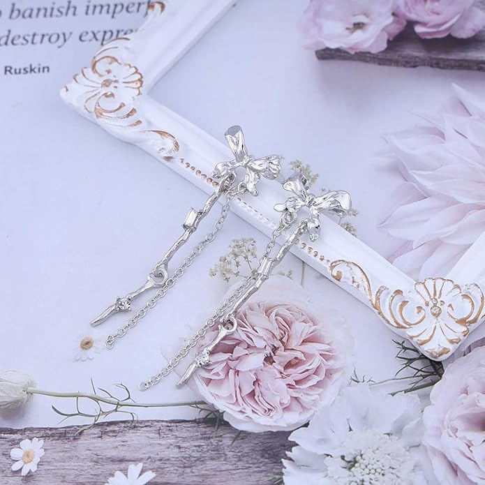 Vintage Bow Crystal Drop Earrings Silver