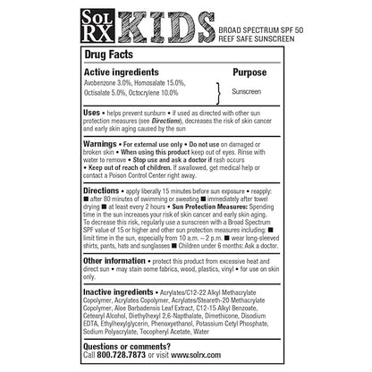 SolRX KID's SPORT Sunscreen SPF 50+ Oxybenzone Free Sunscreen, Reef Safe Sunscreen for Face and Body, Won't Run Into Eyes