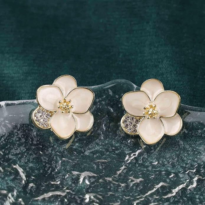 Vintage Enamel Flower Stud Earrings Camellia