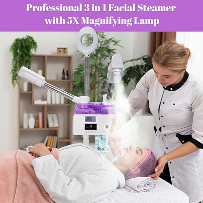 3 in 1 Facial Steamer,Professional Facial Steamer with 5X Magnifying LED Lamp, Esthetician Steamer with Hot & Cold Mist, Face Steamer On Wheels for Salon Spa Beauty Skin Care