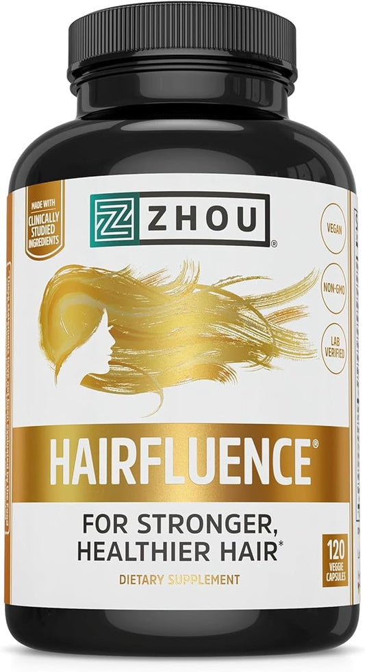 ZHOU Hairfluence, Hair Growth Supplement with Clinically Studied Lustriva and Keranat and Hair Vitamins Biotin 5000mcg, Vitamin D, A, C & B12, Non-GMO, Gluten Free, 120 VegCaps