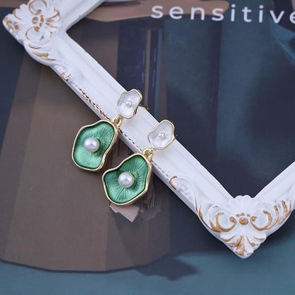 Vintage Lotus leaf Pearl Drop Earrings