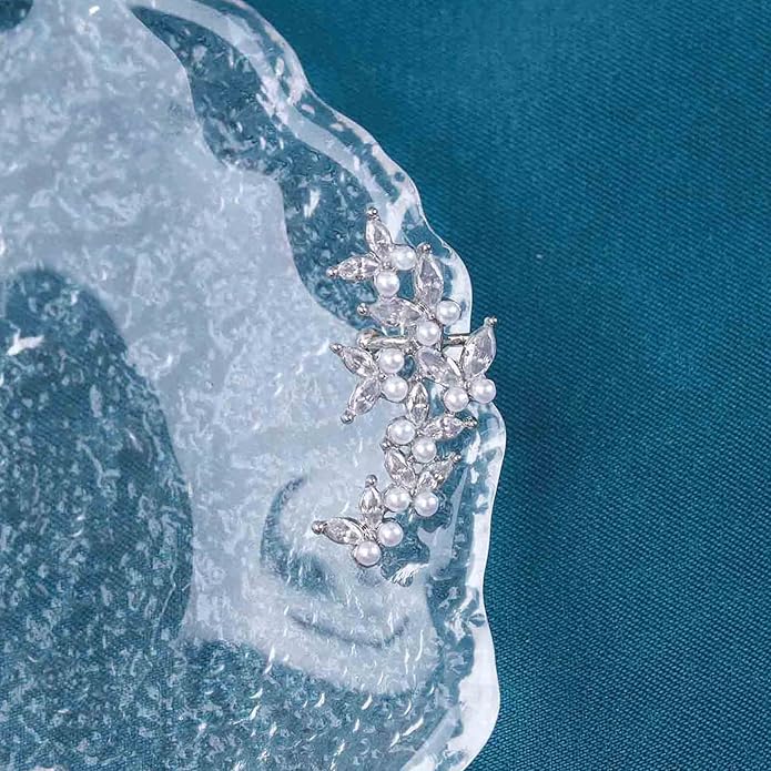 Vintage Crystal Pearl Ear Cuff Earrings Rhinestone Butterfly