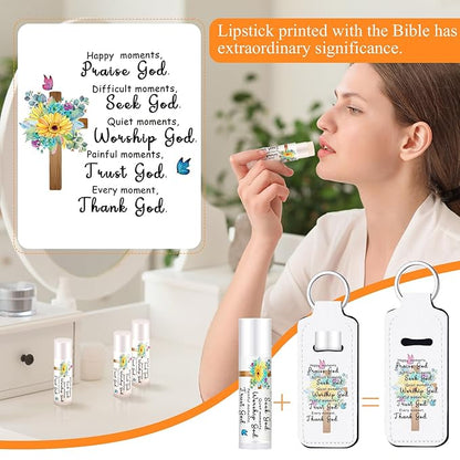 18 Sets Christian Inspiration Gift Lip Balm Bulk and Lipstick Holder Keychains Set Bible Verse Gift for Women Teacher Mom Church Favors(Happy Moments)