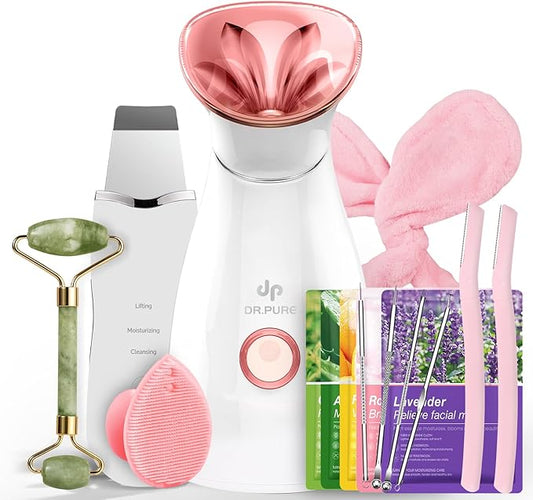 Facial Steamer Self-Care Gift Kit: Nano Ionic Face Steamer Deep Cleaning Unclogs Pores - Home Sauna Spa Humidifier Hot Mist for Women Men Sinus Moisturizing (Rose Gold)