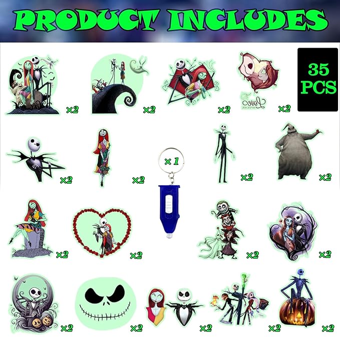 34 Pcs Nightmare Glow Temporary Tattoo Stickers,2 Inch Kids Gift
