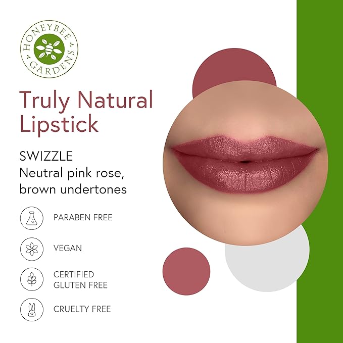 Honeybee Gardens Truly Natural Long Lasting Lipstick, Swizzle, Neutral Pink Mauve, Naturally Hydrating & Nourishing, Vegan, Gluten-Free & Cruelty-Free, 0.13 oz / 3.8 g