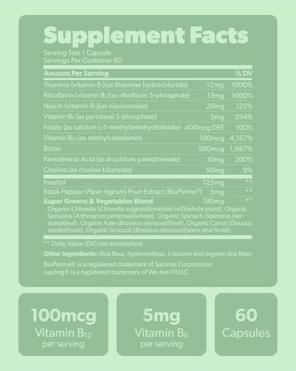 Vegan Vitamin B Complex - Whole Food Blend with Essential B Vitamins B1, B2, B3, B5, B6, B7, Folate, B12-60 Caps