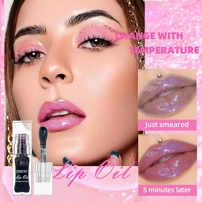 2Pcs Color Changing Lip Oil, Magic Color Changing Lip Glow Oil with Big Brush, Moisturizing and Non-sticky Lip Gloss Plumping Lip Oil (2, Pink + Magic Black)