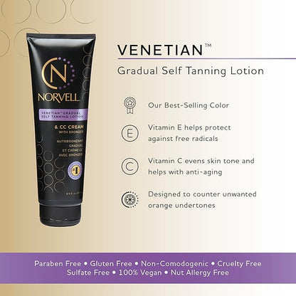 Norvell Venetian Sunless Self Tanner Gradual Color Extender Moisturizing Lotion, 8.5 fl.oz - Self Tanning Cream with Violet and Brown Tone, Instant Bronzers Fake Tan