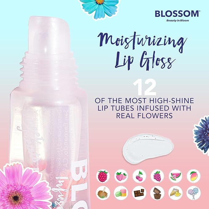 Blossom Scented Moisturizing Lip Gloss Tubes, Infused with Real Flowers, 0.3 fl. oz/9ml, Raspberry