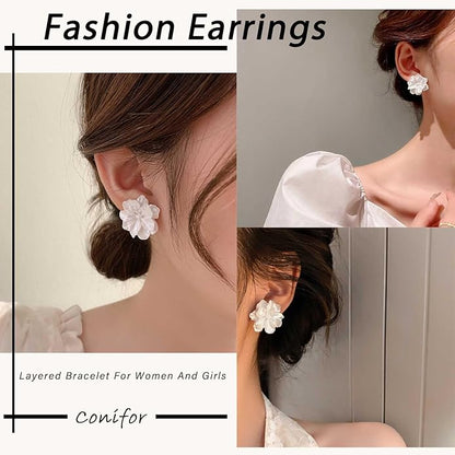 Unique Large White Flower Earrings Studs Vintage Acrylic