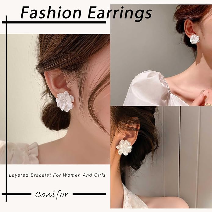 Unique Large White Flower Earrings Studs