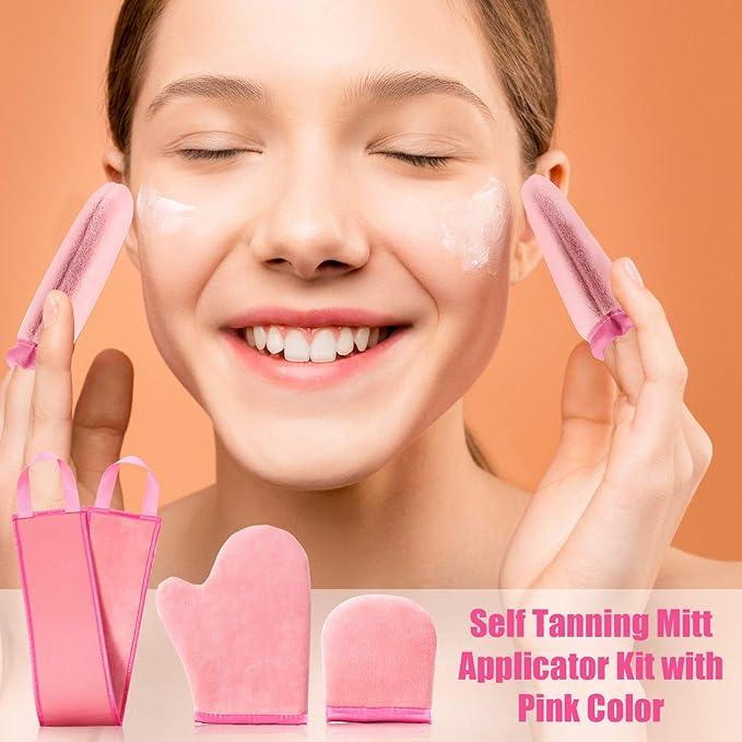 5 Pieces Self Tanning Mitt Applicator Kit, Includes Exfoliating Glove, Tanning Mitt, Mini Face Mitt, Back Lotion Applicator with Self Tanner Brush Large Flat Top Makeup Brush (Pink)