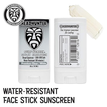 Headhunter Sunscreen Face Stick SPF 45, Waterproof Surf Sunblock for Waterman, Water-Resistant Facial Sunscreen for Ultra-Sport Protection and Solar Defense (80 min), Clear White (2 pack)
