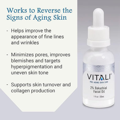 Vitali Premium 2% Bakuchiol Facial Oil: Premium Natural Retinol Alternative for Age and Wrinkle Reduction, and Soothing Irritated Skin, Boosts Copper Peptide Absorption- 1 fl. oz.