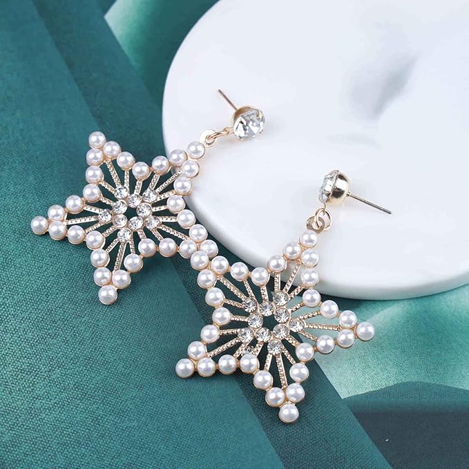 Vintage Pearl Star Drop Earrings Crystal
